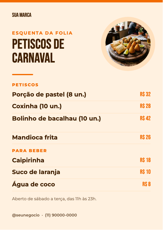 Modelo Cardápio de petiscos de Carnaval