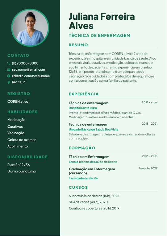 Modelo Currículo de técnica de enfermagem
