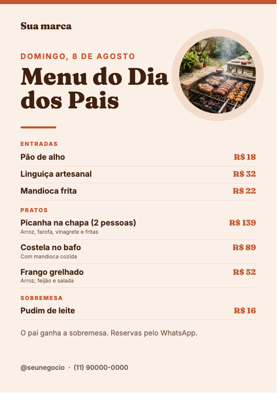 Modelo Cardápio especial de Dia dos Pais