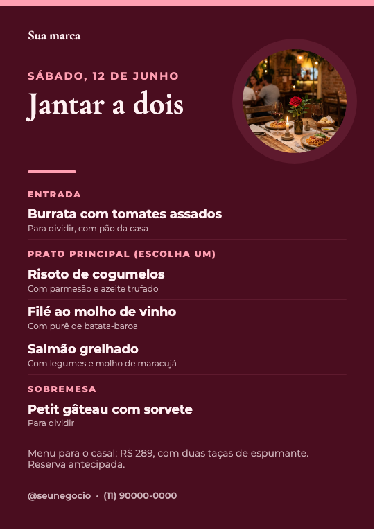 Modelo Menu do jantar de Dia dos Namorados