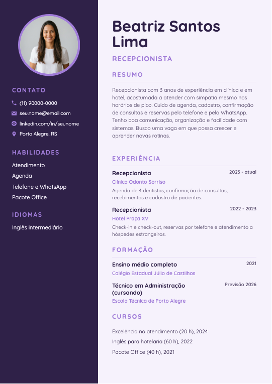 Modelo Currículo de recepcionista