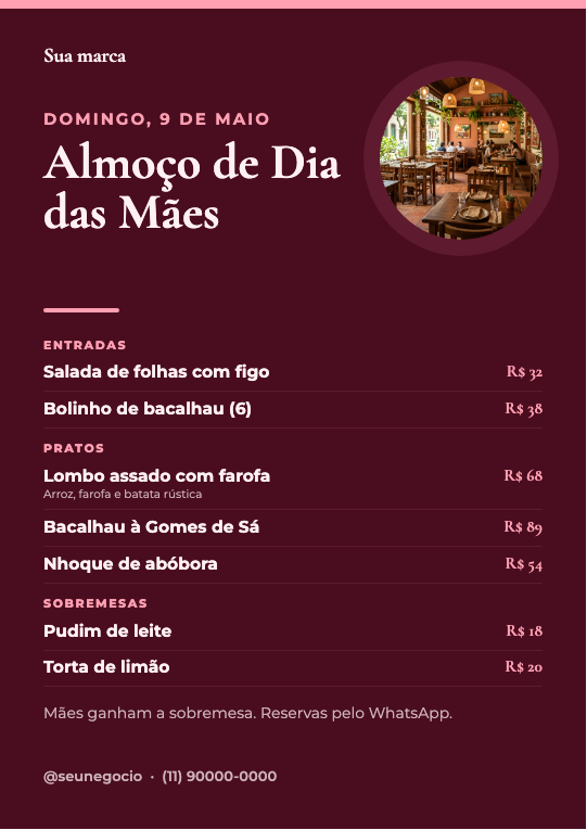 Modelo Cardápio do almoço de Dia das Mães