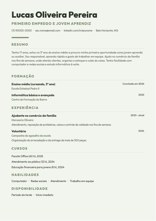 Modelo Currículo de primeiro emprego
