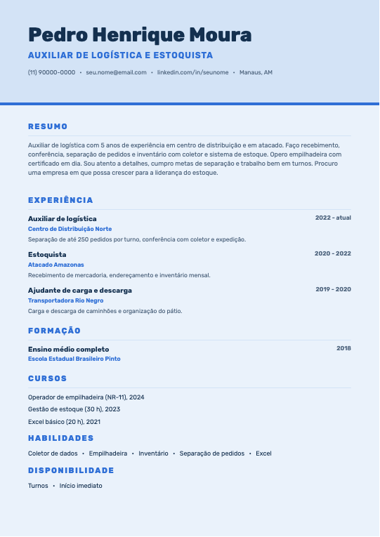 Modelo Currículo de auxiliar de logística